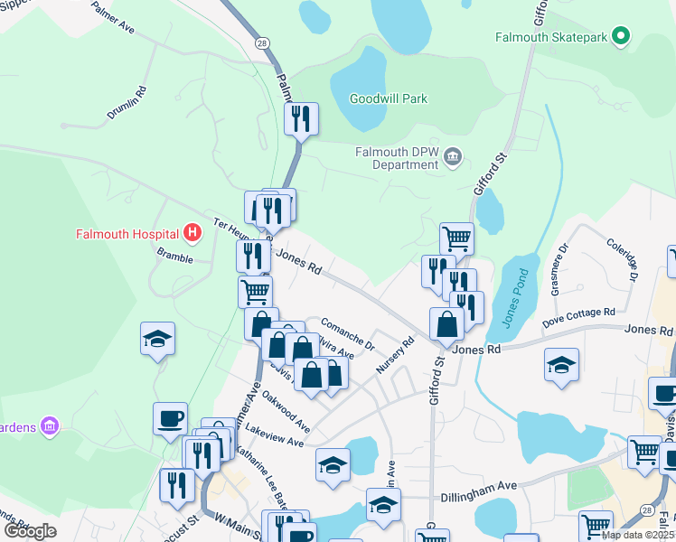 map of restaurants, bars, coffee shops, grocery stores, and more near 94 Jones Road in Falmouth