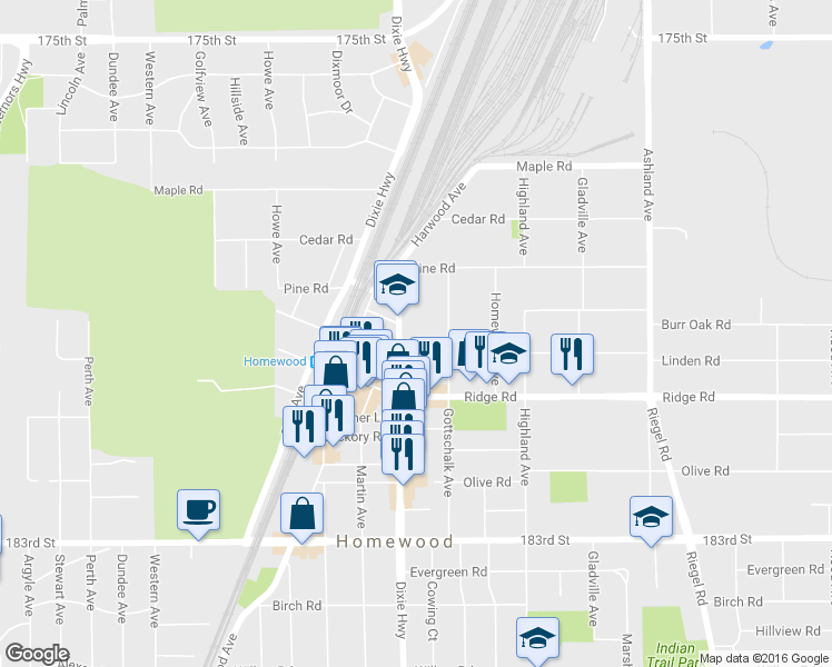 map of restaurants, bars, coffee shops, grocery stores, and more near 17949 Dixie Hwy in Homewood