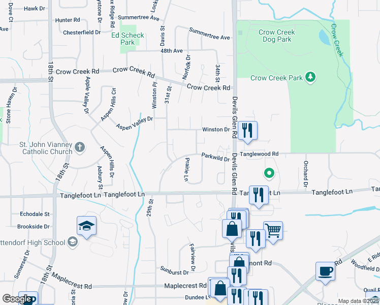 map of restaurants, bars, coffee shops, grocery stores, and more near 3240 Parkwild Drive in Bettendorf