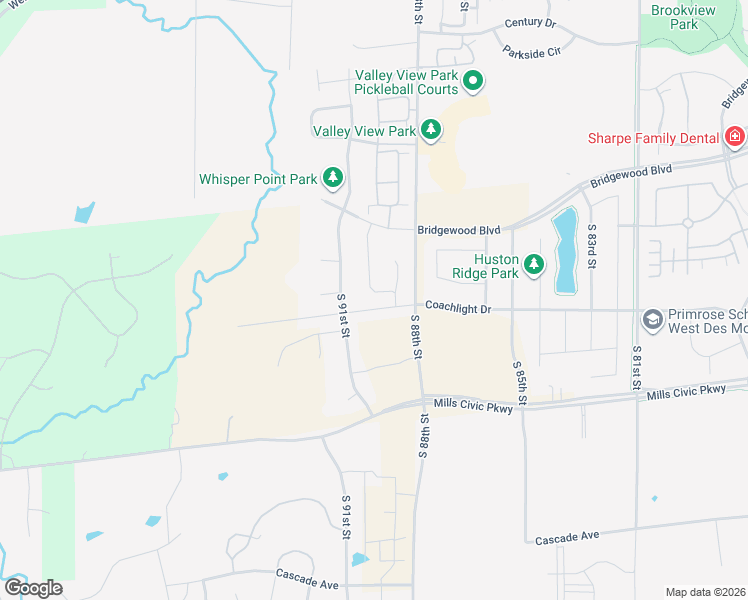 map of restaurants, bars, coffee shops, grocery stores, and more near 8950 Coachlight Drive in West Des Moines