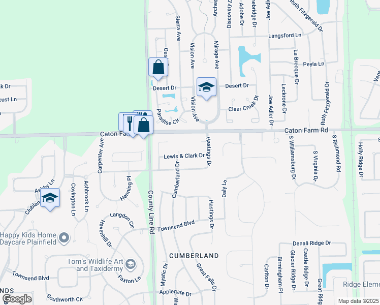map of restaurants, bars, coffee shops, grocery stores, and more near 6913 Lewis & Clark Drive in Plainfield
