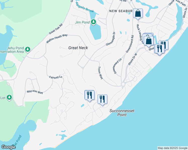 map of restaurants, bars, coffee shops, grocery stores, and more near 10 Troon Place in Mashpee