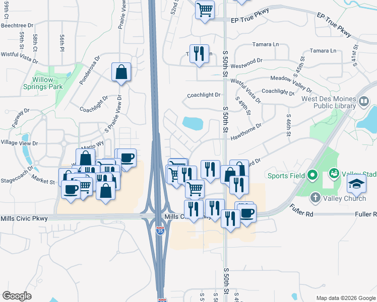 map of restaurants, bars, coffee shops, grocery stores, and more near 495 South 51st Street in West Des Moines