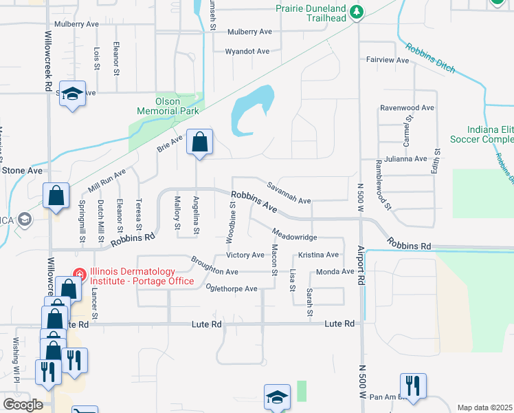 map of restaurants, bars, coffee shops, grocery stores, and more near 6335 Robbins Road in Portage