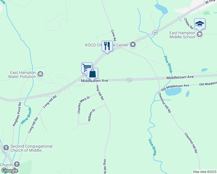 map of restaurants, bars, coffee shops, grocery stores, and more near 223 Middletown Avenue in East Hampton