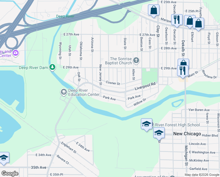 map of restaurants, bars, coffee shops, grocery stores, and more near 4229 Cosner Street in Lake Station