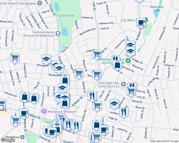 map of restaurants, bars, coffee shops, grocery stores, and more near 50 Summer Street in Waterbury