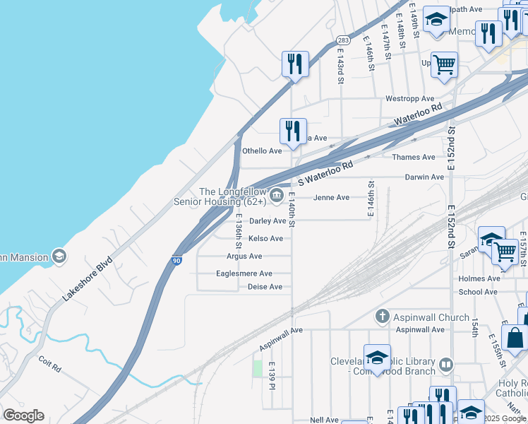map of restaurants, bars, coffee shops, grocery stores, and more near 650 East 140th Street in Cleveland