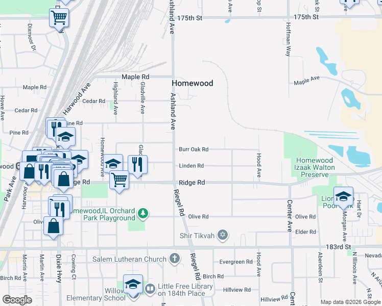 map of restaurants, bars, coffee shops, grocery stores, and more near 1515 Burr Oak Road in Homewood