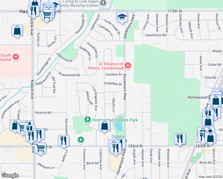 map of restaurants, bars, coffee shops, grocery stores, and more near 2717 Hollydale Drive in Homewood