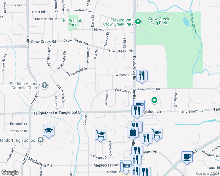 map of restaurants, bars, coffee shops, grocery stores, and more near 3260 Parkwild Drive in Bettendorf
