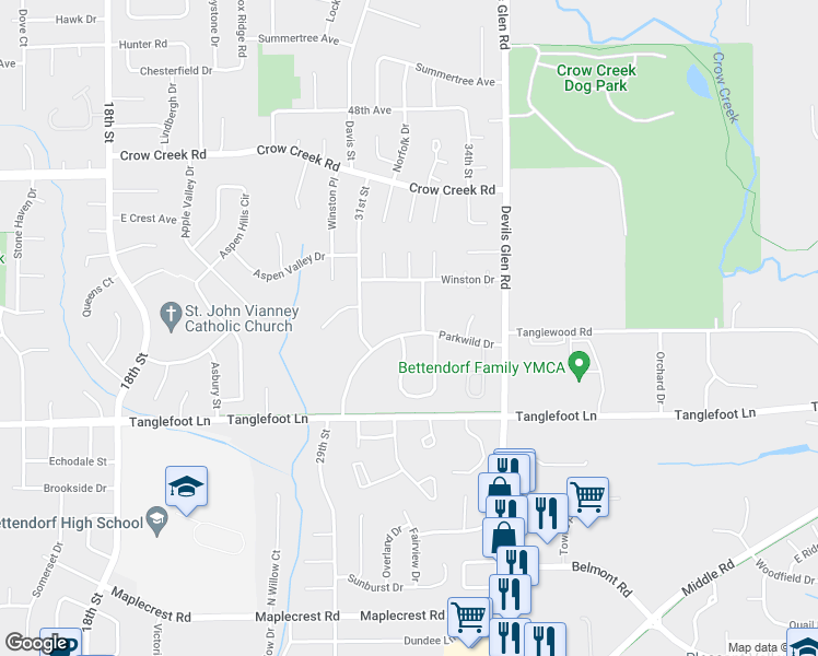 map of restaurants, bars, coffee shops, grocery stores, and more near 3240 Parkwild Drive in Bettendorf