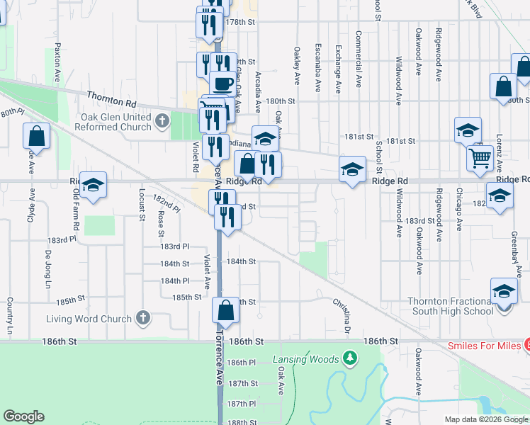 map of restaurants, bars, coffee shops, grocery stores, and more near 2437 183rd Street in Lansing