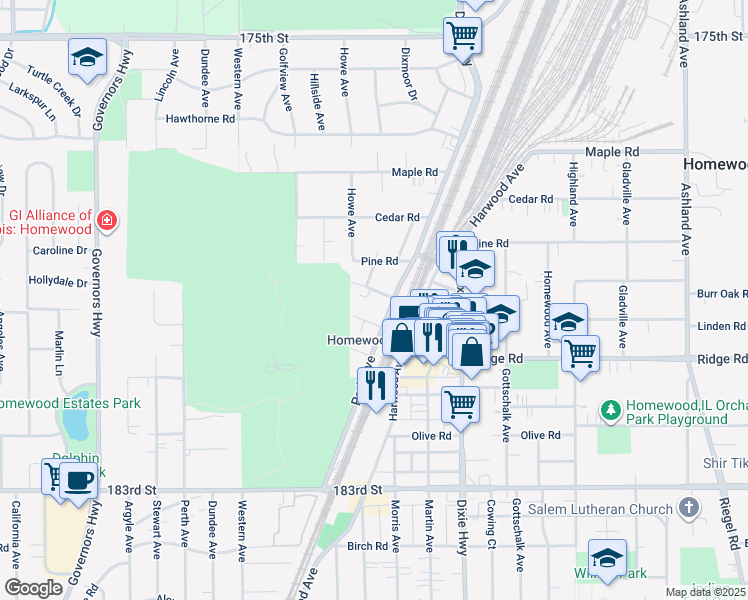 map of restaurants, bars, coffee shops, grocery stores, and more near 2141 Chestnut Road in Homewood