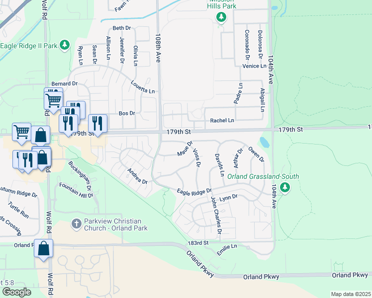 map of restaurants, bars, coffee shops, grocery stores, and more near 10706 Maue Drive in Orland Park