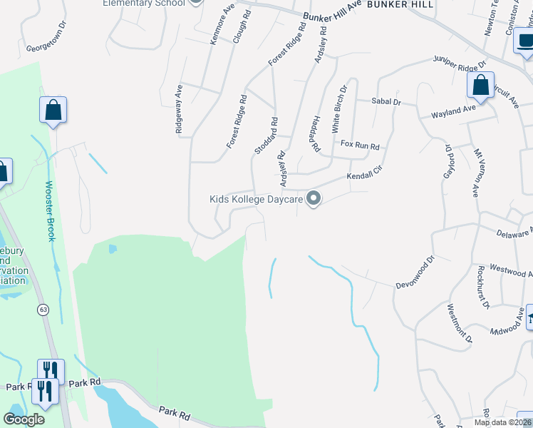 map of restaurants, bars, coffee shops, grocery stores, and more near 267 Stoddard Road in Waterbury