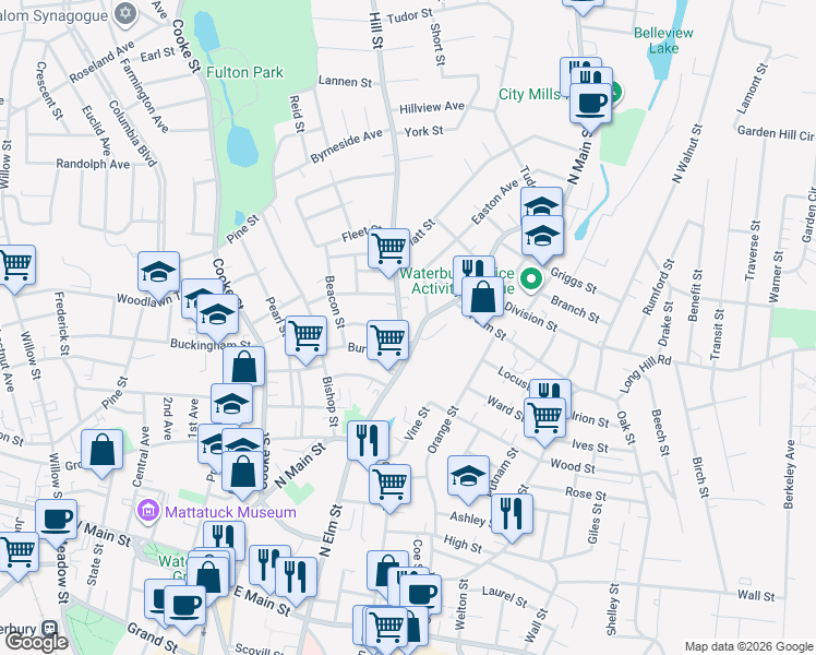 map of restaurants, bars, coffee shops, grocery stores, and more near 37 Hill Street in Waterbury