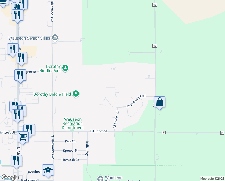 map of restaurants, bars, coffee shops, grocery stores, and more near 1199 Apache Drive in Wauseon