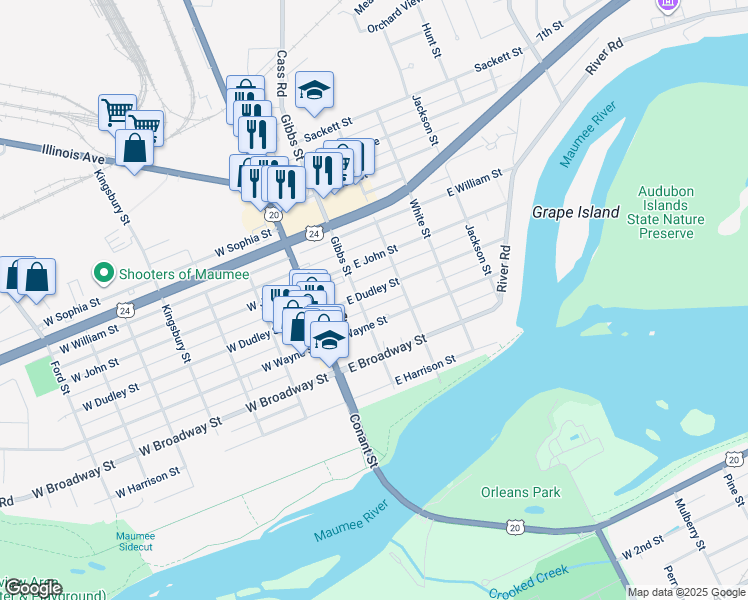 map of restaurants, bars, coffee shops, grocery stores, and more near 204 East Dudley Street in Maumee