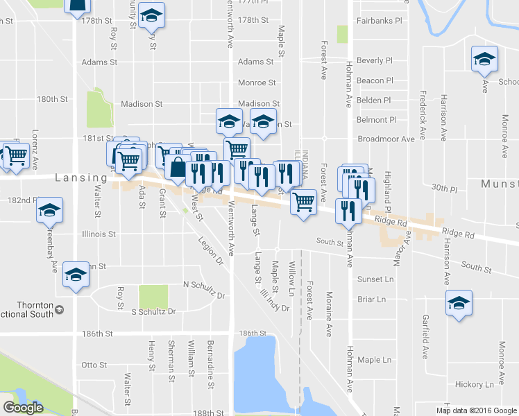 map of restaurants, bars, coffee shops, grocery stores, and more near 3641 Ridge Road in Lansing