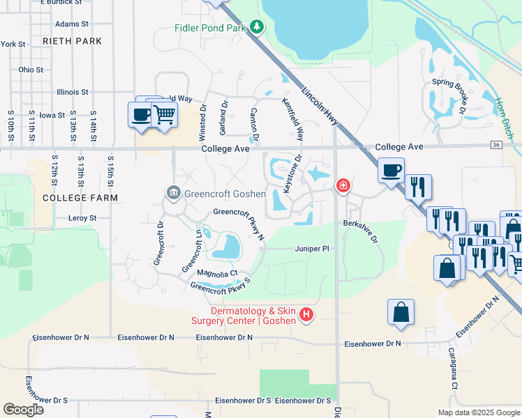 map of restaurants, bars, coffee shops, grocery stores, and more near 1803 Woodgate Drive in Goshen
