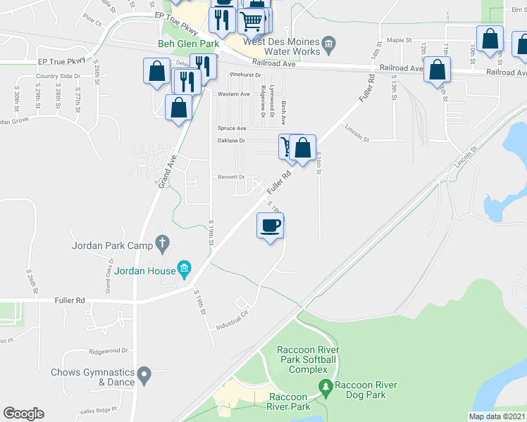 map of restaurants, bars, coffee shops, grocery stores, and more near 1800 Fuller Road in West Des Moines