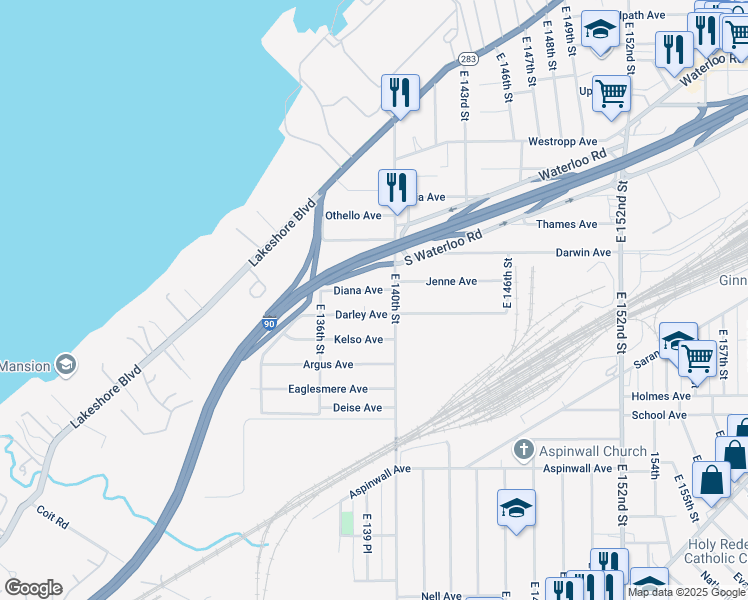 map of restaurants, bars, coffee shops, grocery stores, and more near 650 East 140th Street in Cleveland