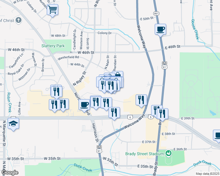 map of restaurants, bars, coffee shops, grocery stores, and more near 409 West Kimberly Road in Davenport