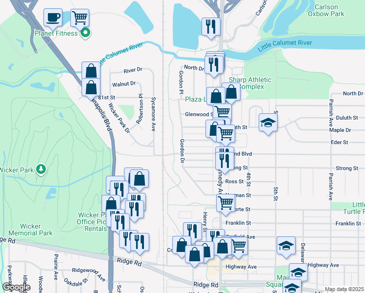map of restaurants, bars, coffee shops, grocery stores, and more near 8259 Gordon Drive in Highland