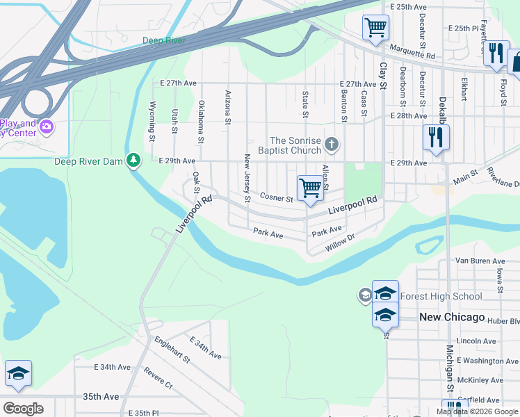map of restaurants, bars, coffee shops, grocery stores, and more near 4116 Cosner Street in Gary