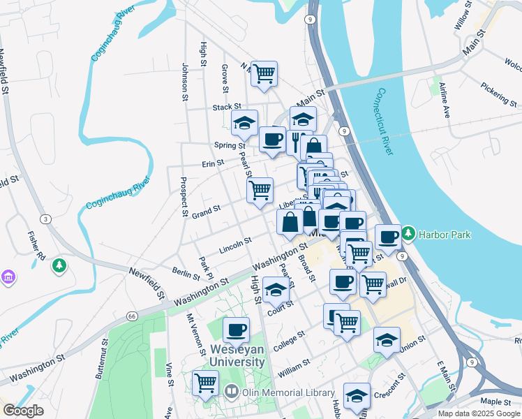map of restaurants, bars, coffee shops, grocery stores, and more near 177 Pearl Street in Middletown