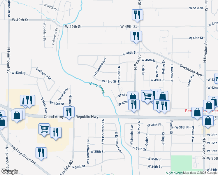 map of restaurants, bars, coffee shops, grocery stores, and more near 4140 North Linwood Avenue in Davenport