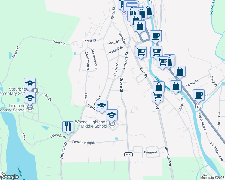 map of restaurants, bars, coffee shops, grocery stores, and more near 357 Terrace Street in Honesdale