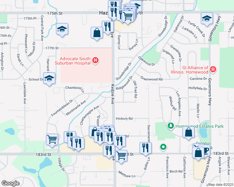 map of restaurants, bars, coffee shops, grocery stores, and more near 3202 Fountainbleau Drive in Hazel Crest