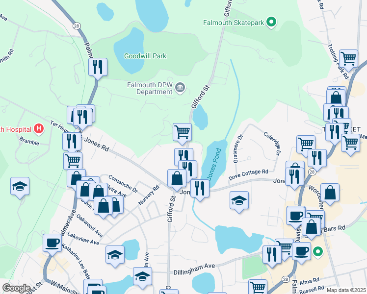 map of restaurants, bars, coffee shops, grocery stores, and more near in Falmouth