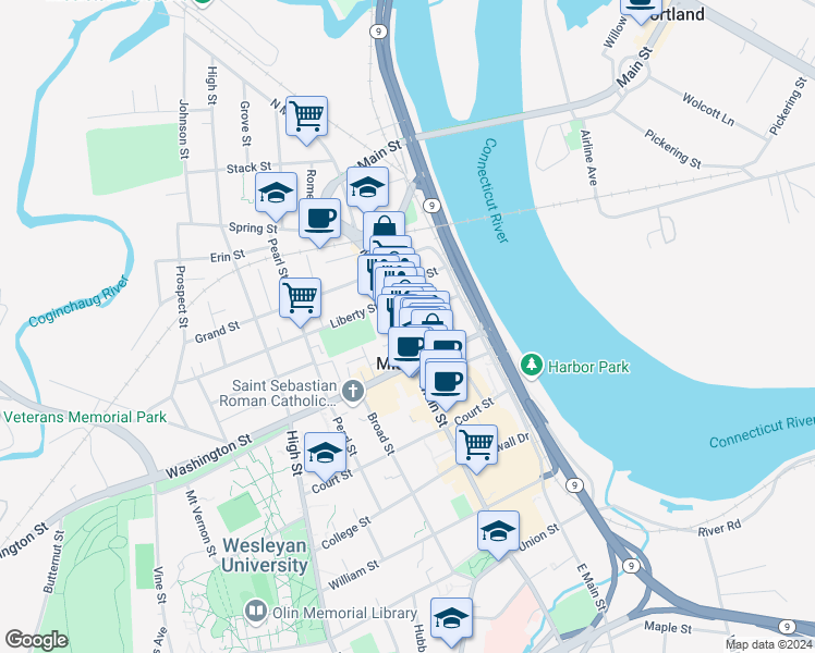 map of restaurants, bars, coffee shops, grocery stores, and more near 73 Ferry Street in Middletown