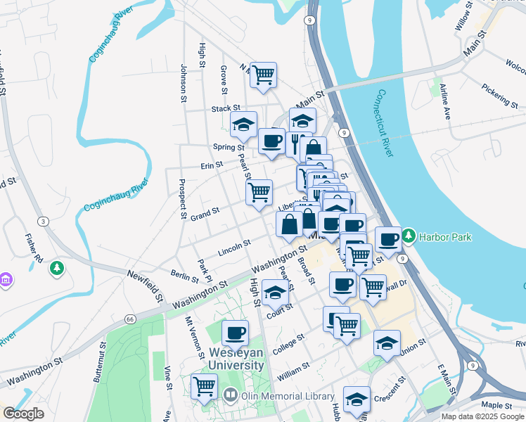 map of restaurants, bars, coffee shops, grocery stores, and more near 177 Pearl Street in Middletown