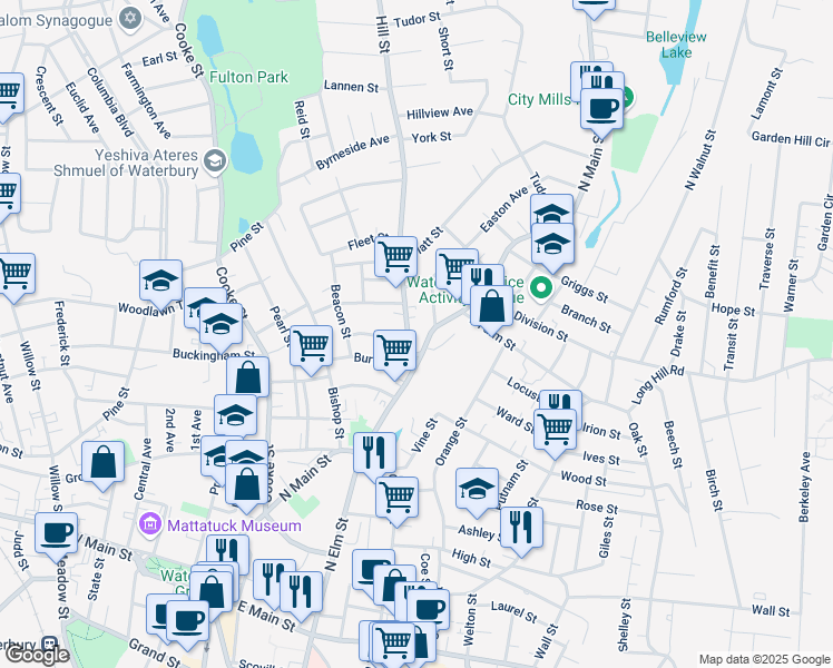 map of restaurants, bars, coffee shops, grocery stores, and more near 37 Hill Street in Waterbury