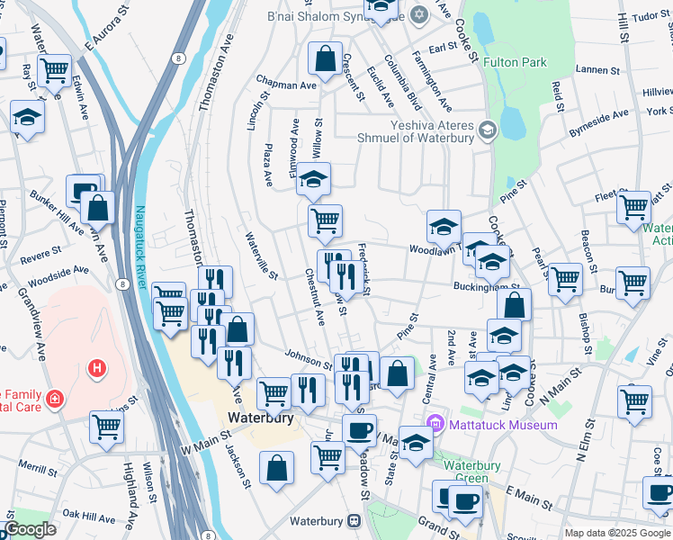 map of restaurants, bars, coffee shops, grocery stores, and more near 215 Willow Street in Waterbury