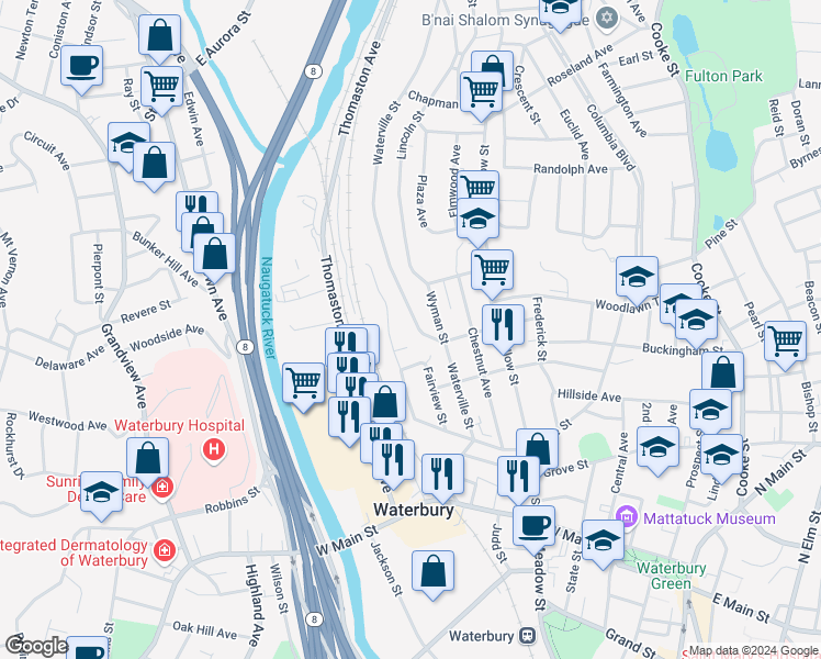 map of restaurants, bars, coffee shops, grocery stores, and more near 147 Waterville Street in Waterbury