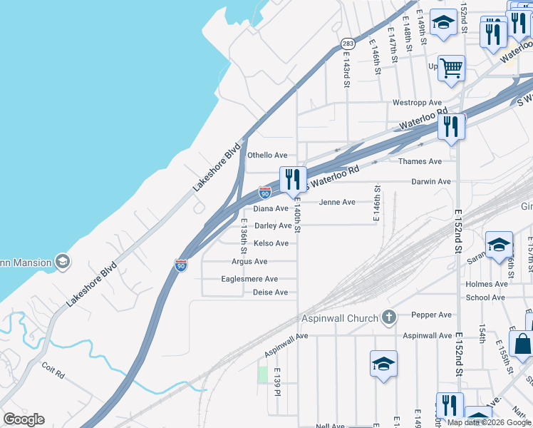 map of restaurants, bars, coffee shops, grocery stores, and more near 650 East 140th Street in Cleveland