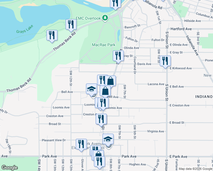 map of restaurants, bars, coffee shops, grocery stores, and more near 2440 Southwest 9th Street in Des Moines