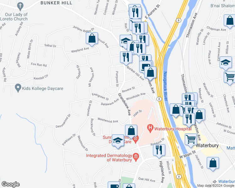 map of restaurants, bars, coffee shops, grocery stores, and more near 269 Grandview Avenue in Waterbury