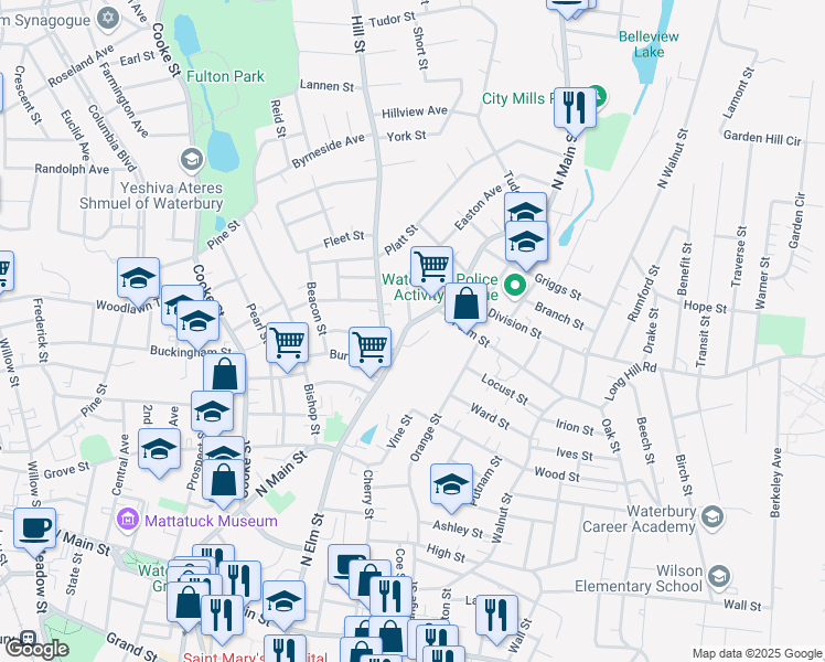 map of restaurants, bars, coffee shops, grocery stores, and more near 748 North Main Street in Waterbury