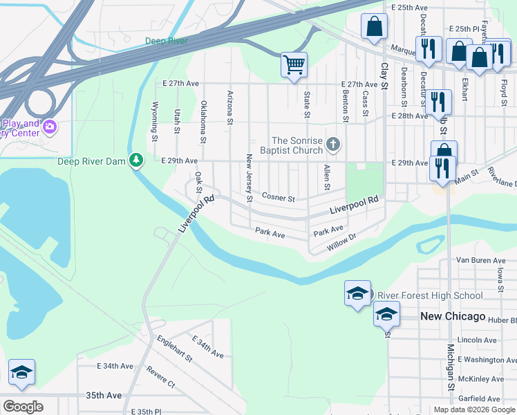 map of restaurants, bars, coffee shops, grocery stores, and more near 4116 Cosner Street in Gary