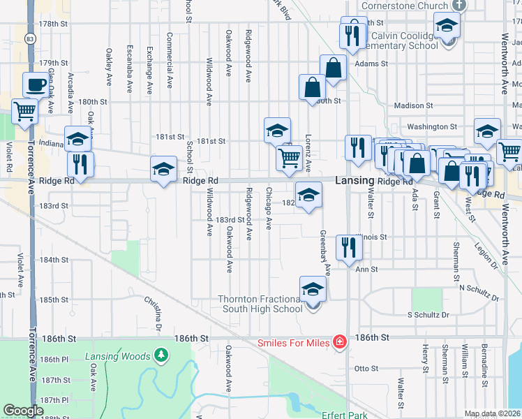 map of restaurants, bars, coffee shops, grocery stores, and more near 18246 Chicago Avenue in Lansing