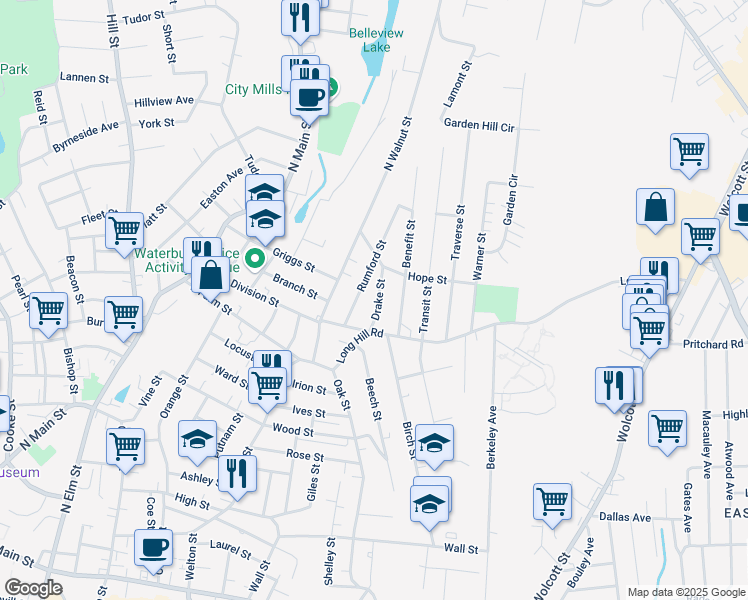 map of restaurants, bars, coffee shops, grocery stores, and more near 49 Drake Street in Waterbury