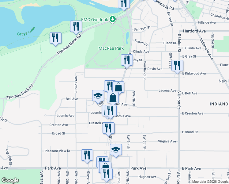 map of restaurants, bars, coffee shops, grocery stores, and more near 2440 Southwest 9th Street in Des Moines
