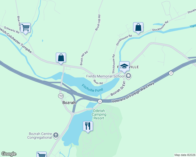 map of restaurants, bars, coffee shops, grocery stores, and more near 236 Fitchville Road in Bozrah