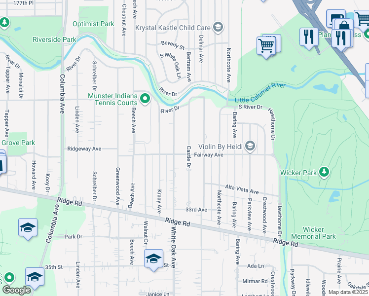 map of restaurants, bars, coffee shops, grocery stores, and more near 8242 Castle Drive in Munster